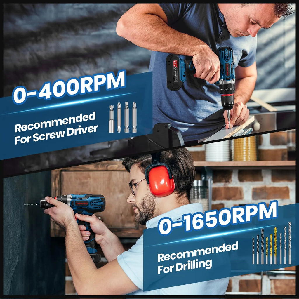 Perceuse Visseuse Sans Fil 20V – 2 Batteries 2.0Ah, 42Nm, 25+1 Réglages, 24 Accessoires