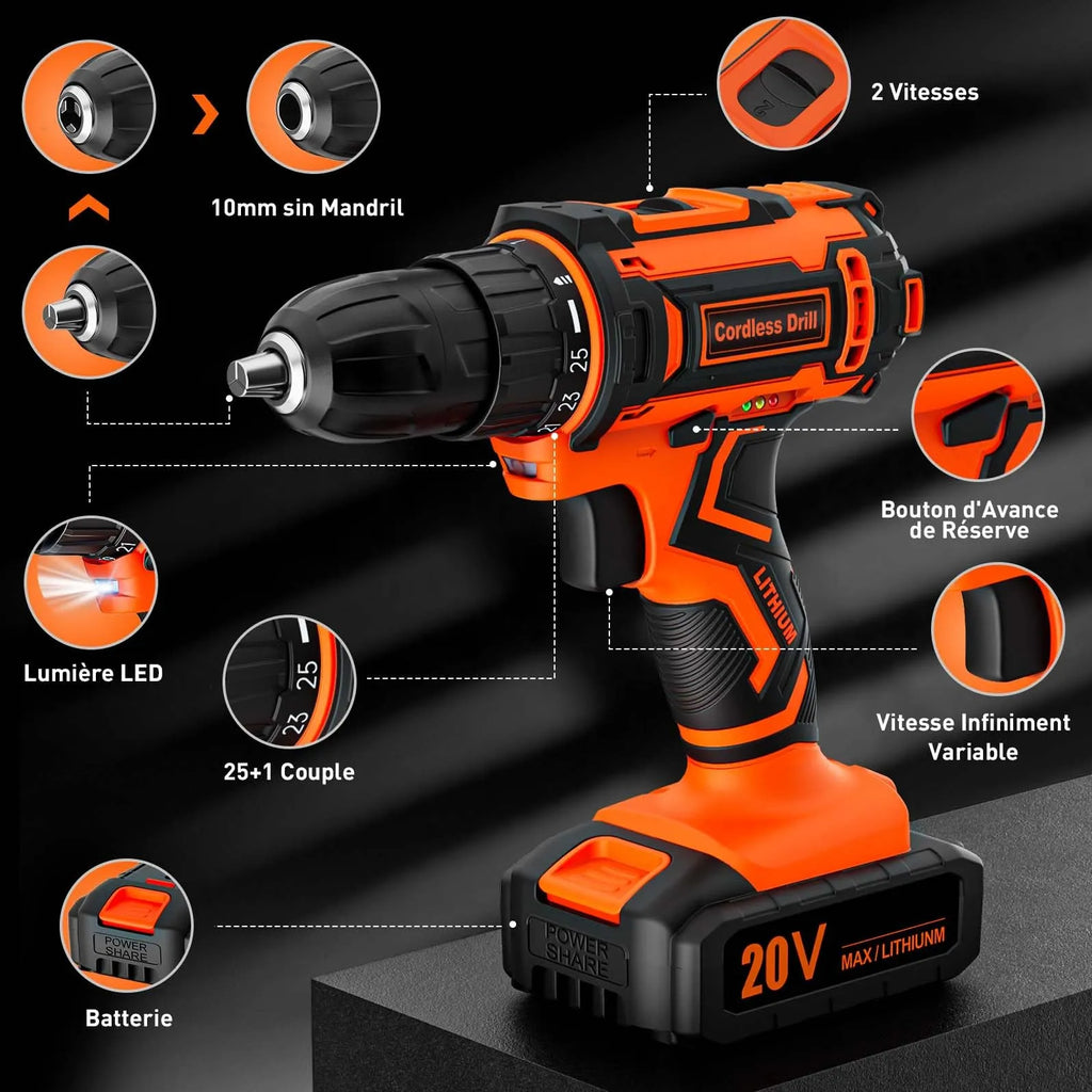Perceuse Visseuse Sans Fil 20V – 2 Batteries 2.0Ah, 42Nm, 25+1 Réglages, 24 Accessoires