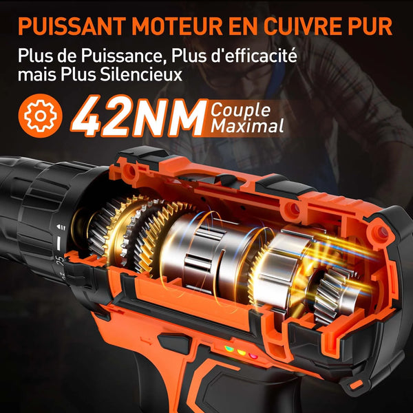 Perceuse Visseuse Sans Fil 20V – 2 Batteries 2.0Ah, 42Nm, 25+1 Réglages, 24 Accessoires