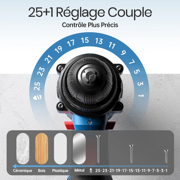 Perceuse Visseuse Sans Fil 20V – 2 Batteries 2.0Ah, 42Nm, 25+1 Réglages, 24 Accessoires