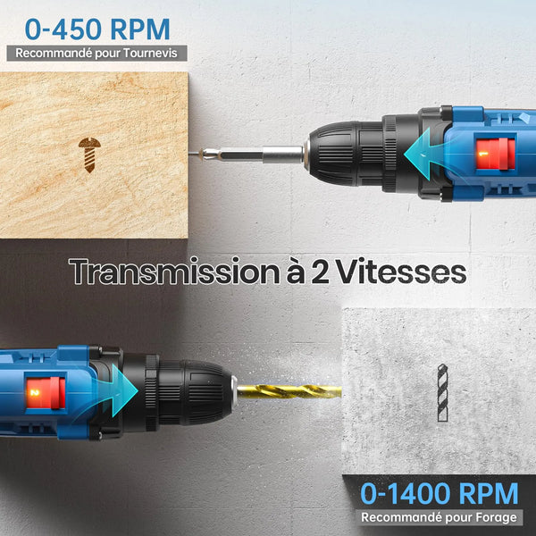 Perceuse Visseuse Sans Fil 20V – 2 Batteries 2.0Ah, 42Nm, 25+1 Réglages, 24 Accessoires