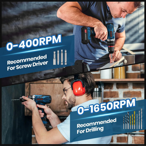 Perceuse Visseuse Sans Fil 20V – 2 Batteries 2.0Ah, 42Nm, 25+1 Réglages, 24 Accessoires